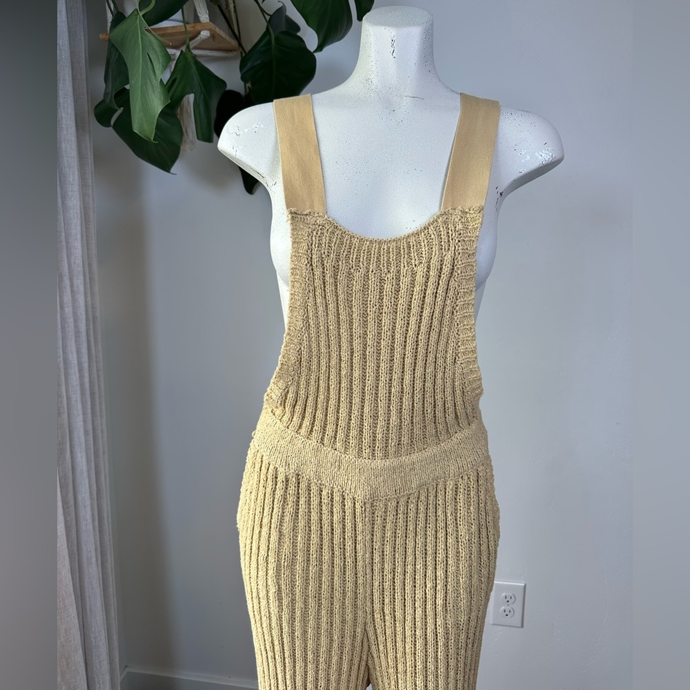Free People Tan Ribbed Knit Jumpsuit with Ruffle Sleeve Top Size M - Picture 3 of 7
